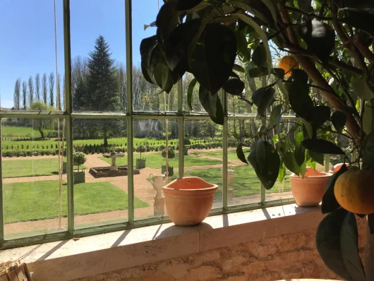 A l'interieur de la galerie des orangers en pots, vue sur le jardin