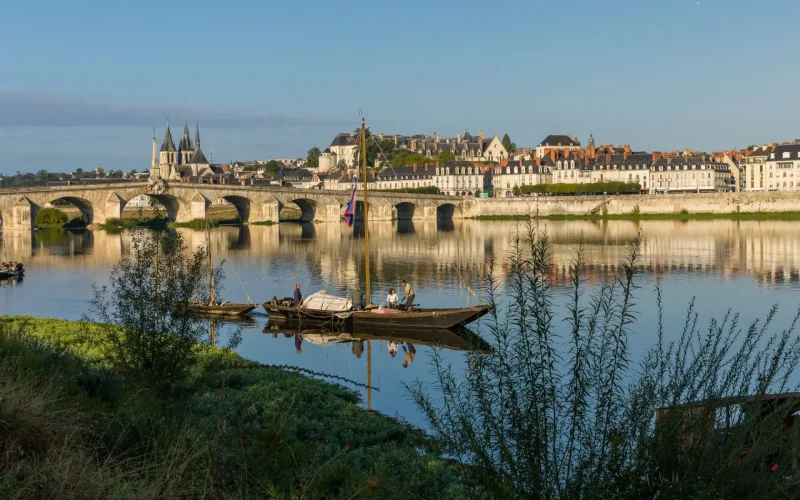 La ville de Blois vue depuis les bords de Loire, des bateaux sur le fleuve